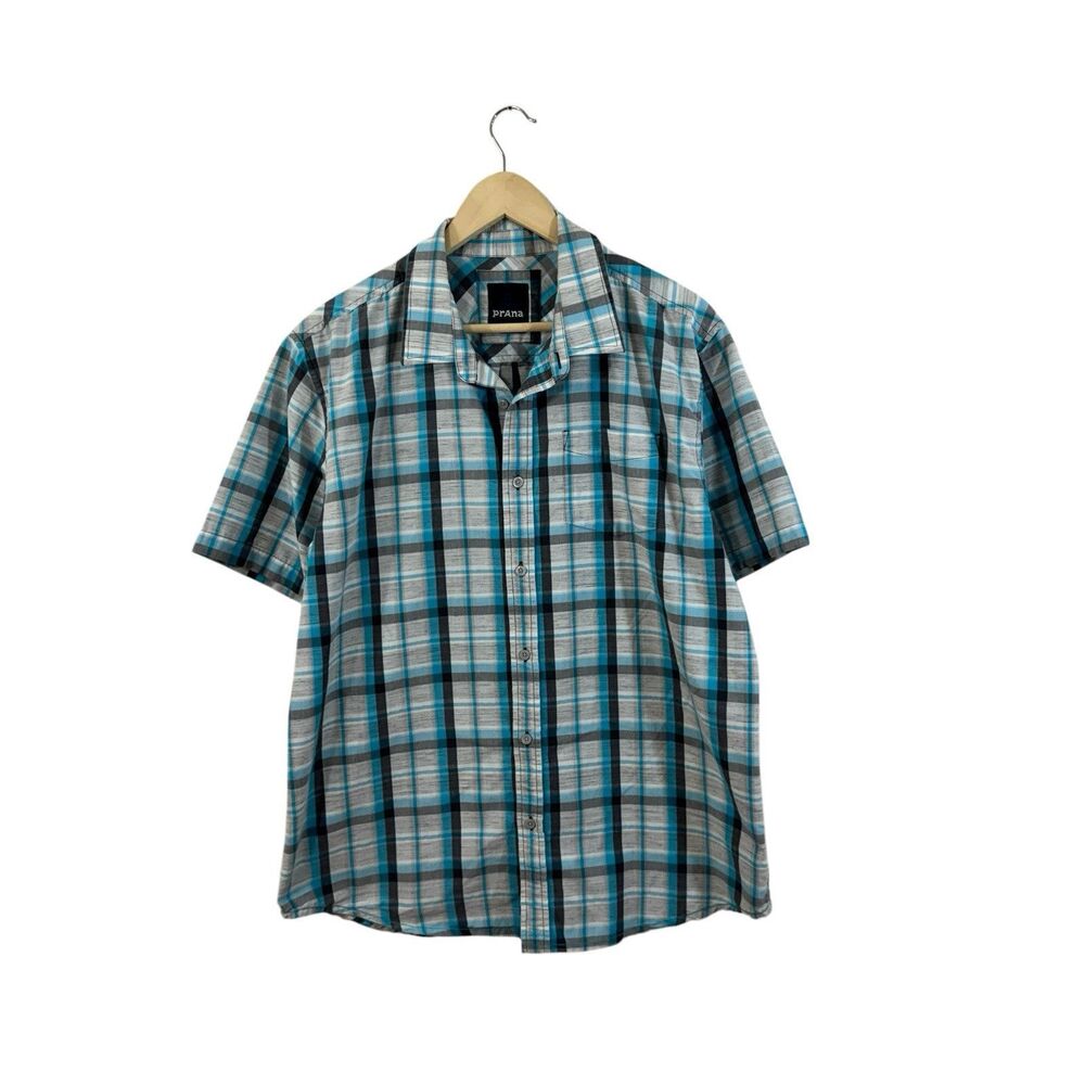 PrAna X-Large Tamrack Button Shirt Organic Cotton Short Sleeve Plaid Mens READ